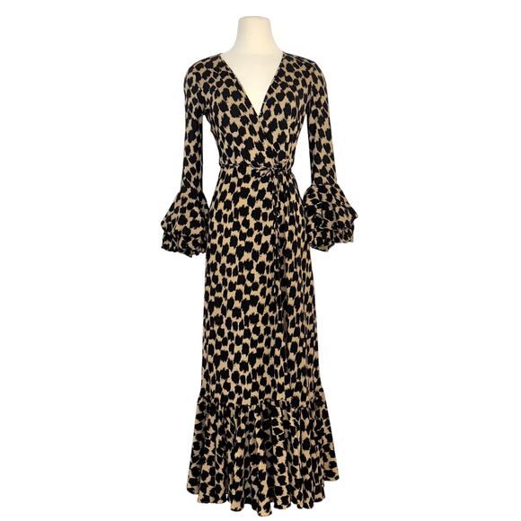 Diane Von Furstenberg Silk Wrap Maxi Dress Puff Sleeve Leopard Print Size 8 - Picture 1 of 13